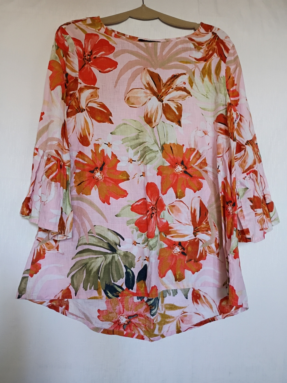 John Mark Women’s Floral Bell-Sleeve Blouse Size M Linen Blend